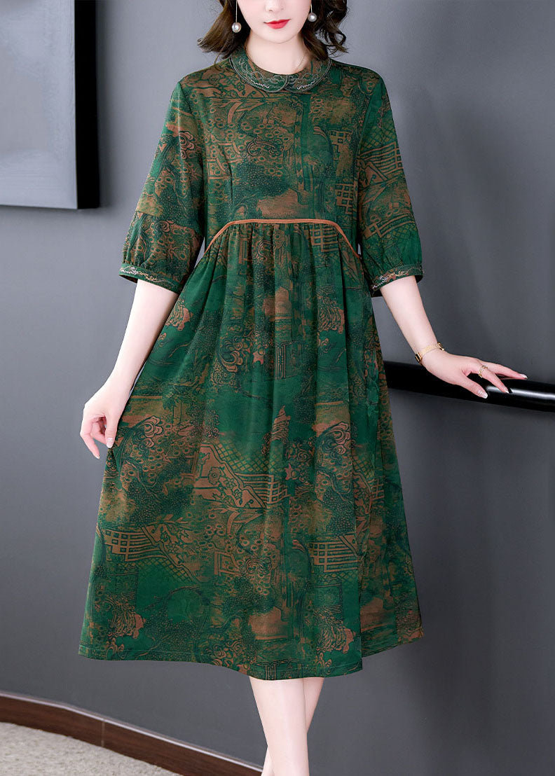 Peter Pan Collar Empire Waist Landscape Print Midi Dress
