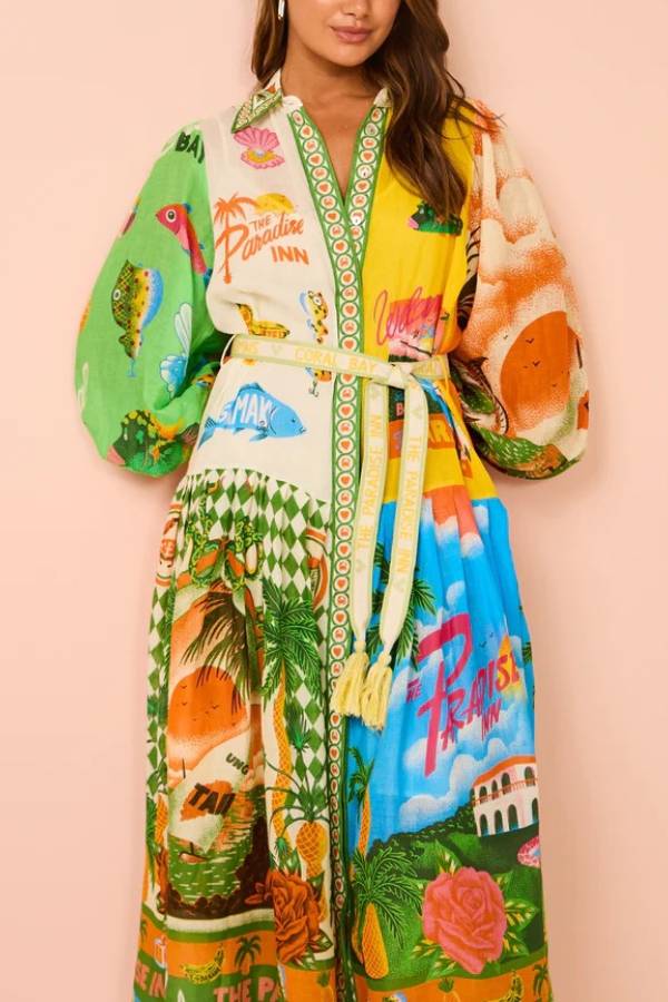 A World of Colour Unique Print Balloon Sleeve Belt Shirt Midi Dress - Fashionpara