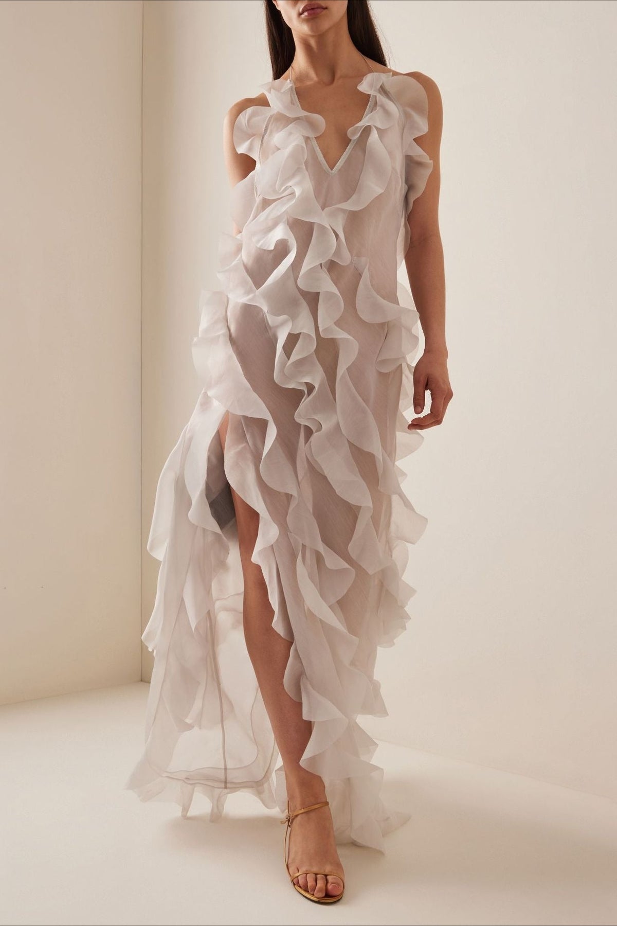 Plunge Mesh Asymmetric Ruffle Trim Long Slip Dress