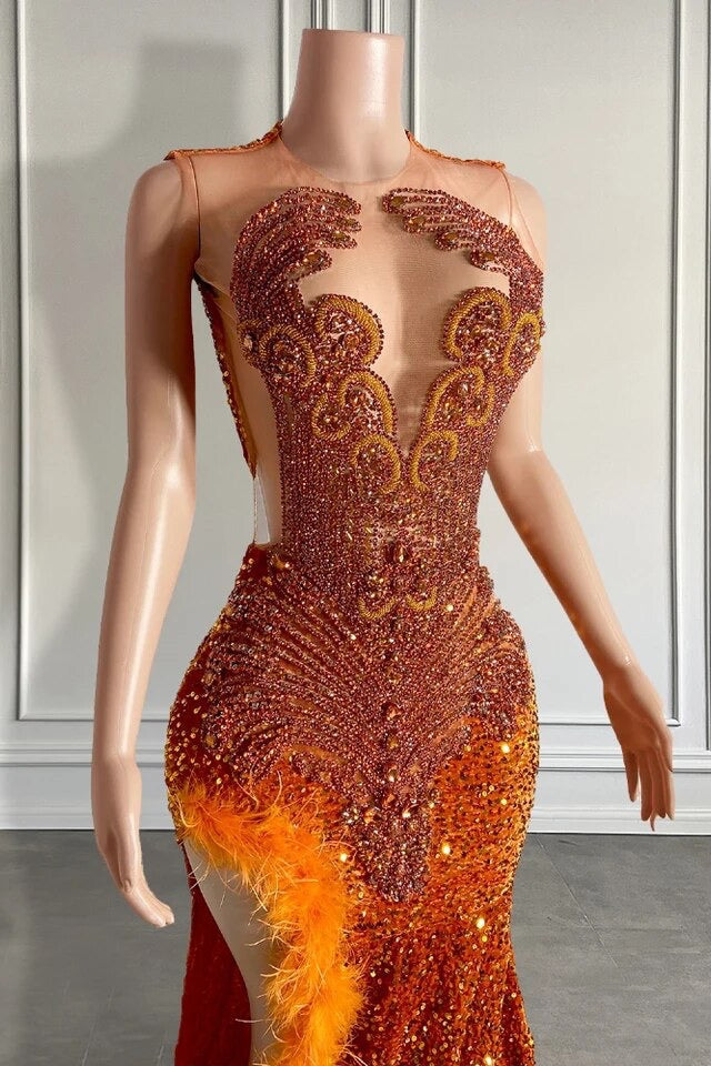 Mermaid Style Burnt Orange Sequins Long Length Prom Dresses with Side Slit Beadings and Feathers - Fashionpara