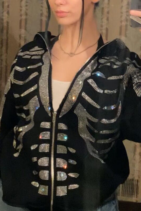 Rhinestone Skull Zip Up Hoodie