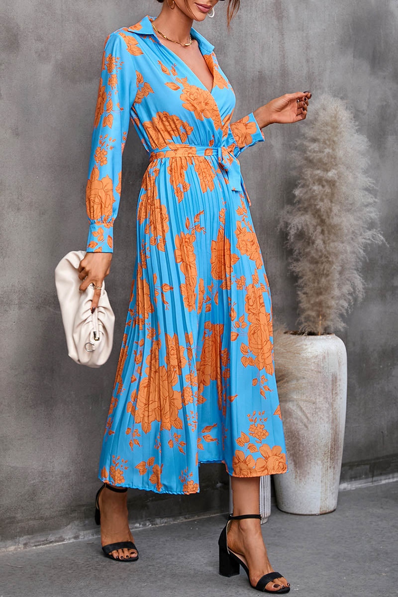 Spring and Autumn Printed Shirt V-Neck Tie Nine-Point Sleeve Midi Dress - Fashionpara