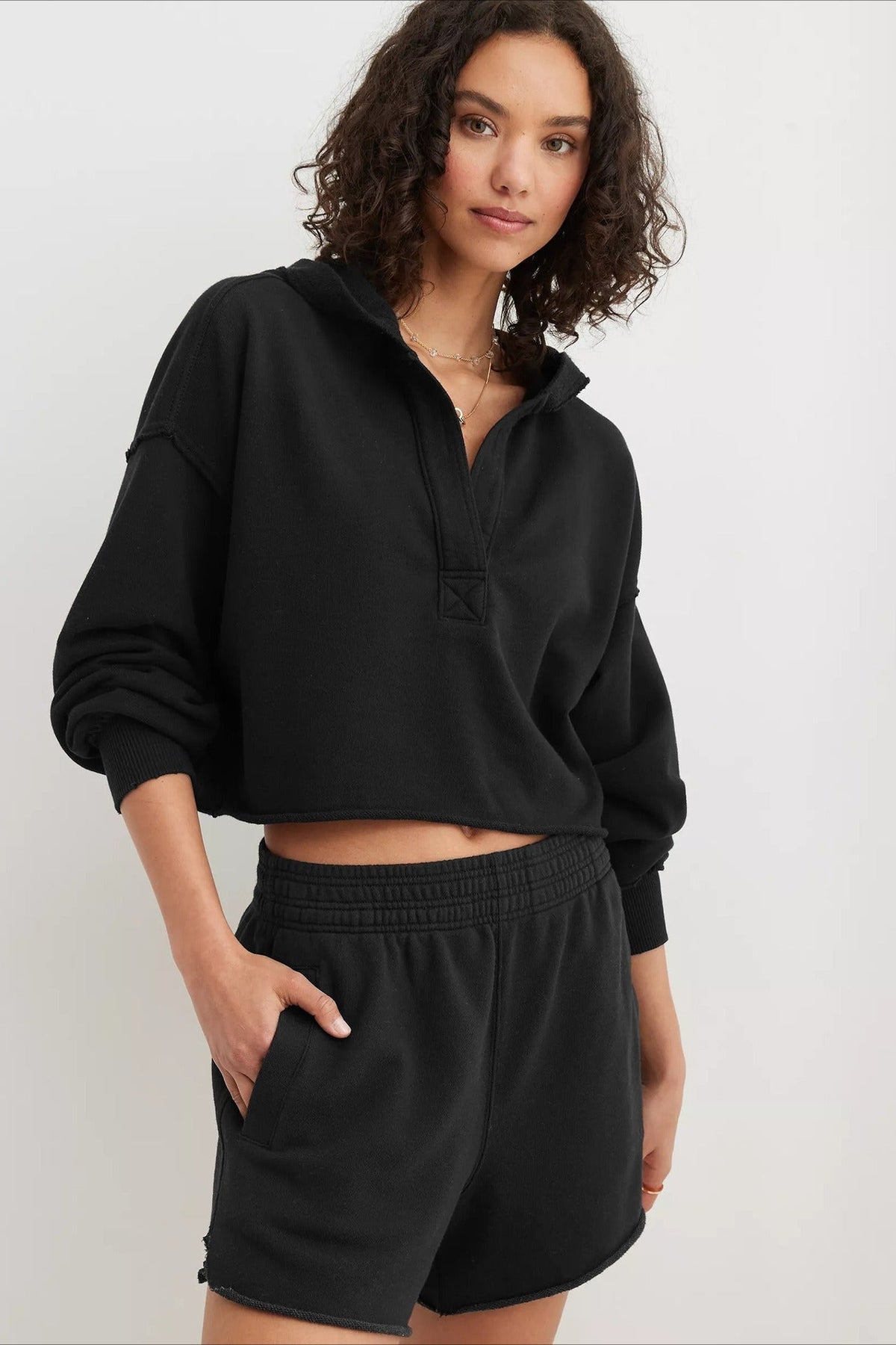 Relaxed Solid V-Neck Hoodie 17