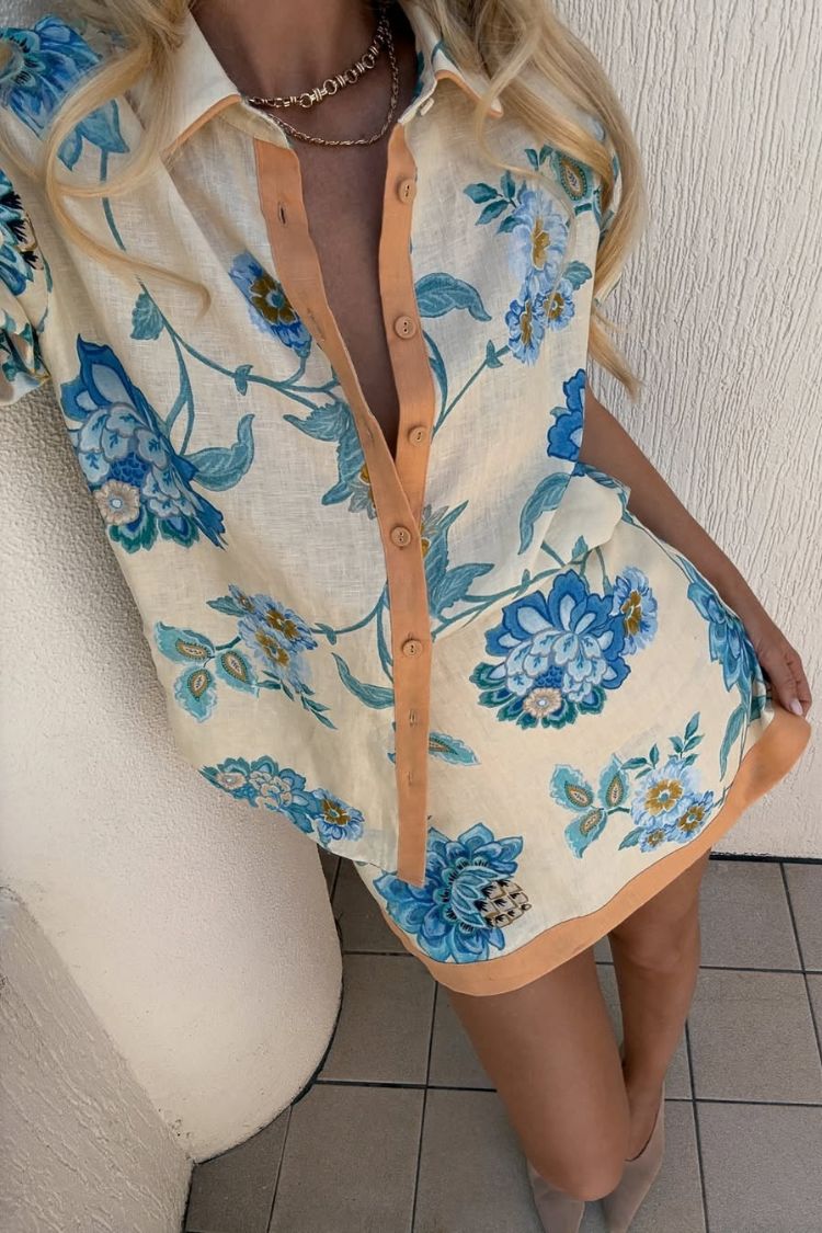 Giselle Linen Blend Floral Print Short Sleeve Shirt and Zipper Mini Skirt Set - Fashionpara