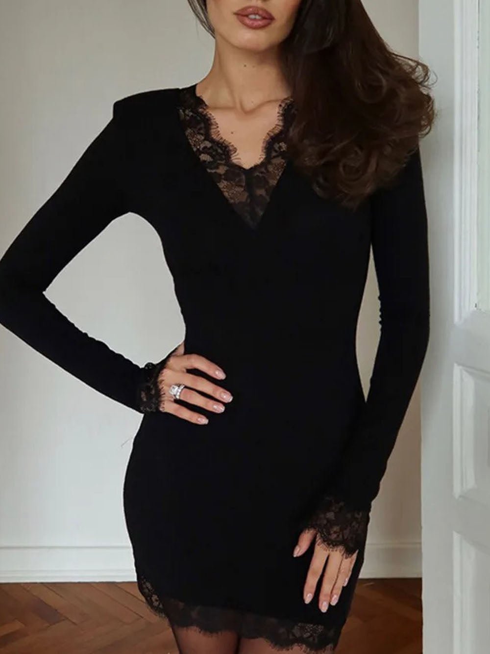 Bianca Lace V Neck Mini Dress Midnight Black - View 3