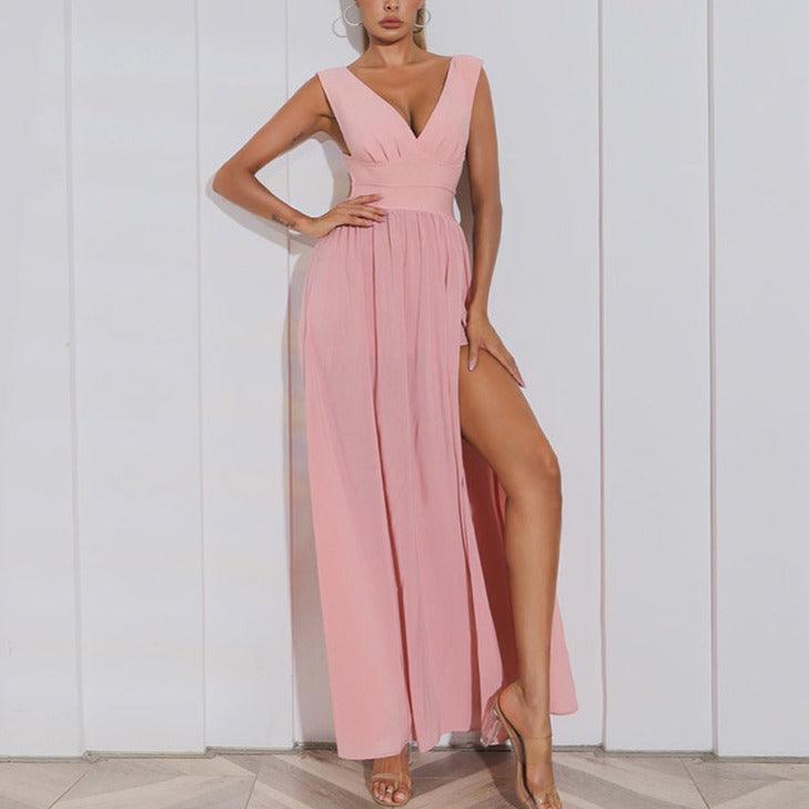 V-Neck Sleeveless Empire Waist High-Slit Maxi Dress