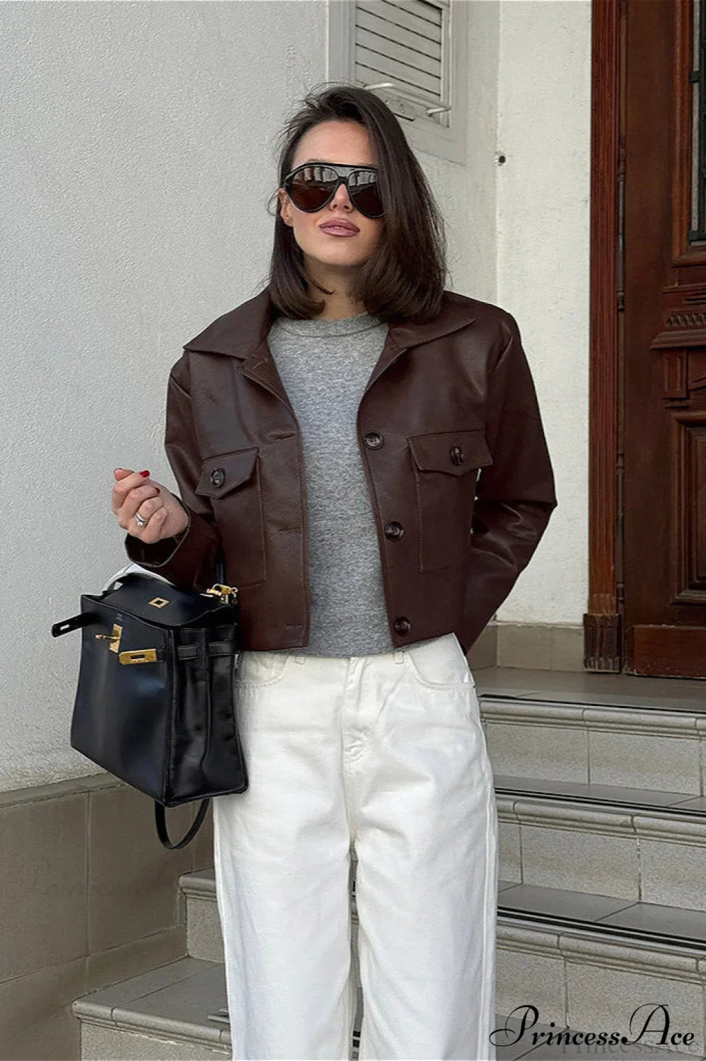 Sleek Biker Leather Slim Coat with Stylish Collared Design