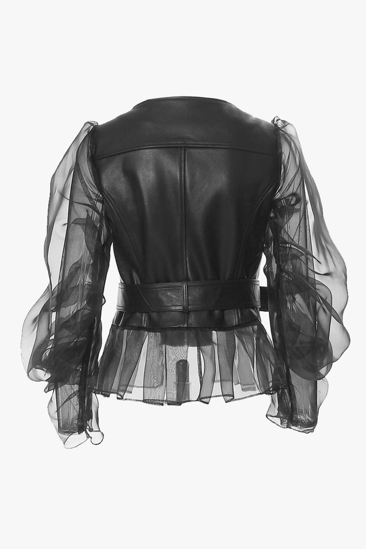 Biker Peplum Leather Jacket with Sheer Organza Sleeves