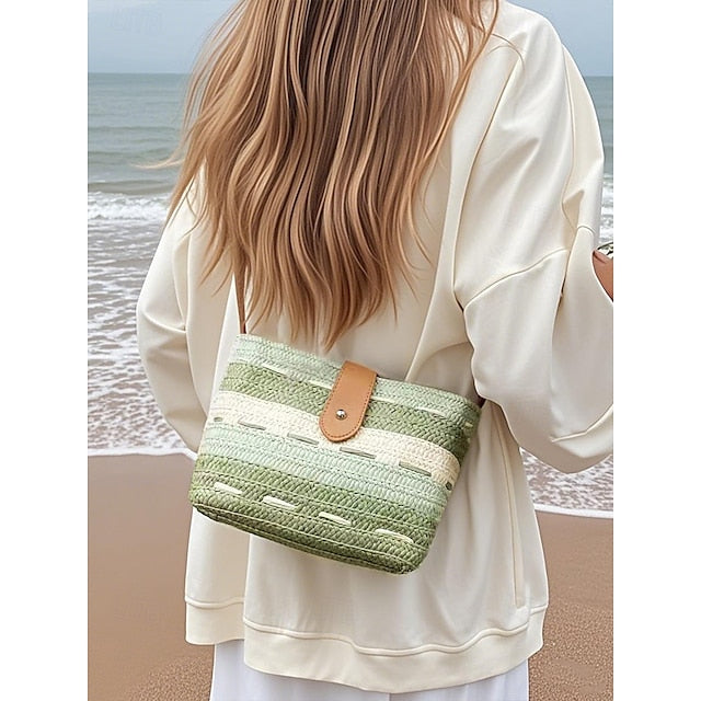 Woven with Colorblock Straw Striped Brown Tote Bag