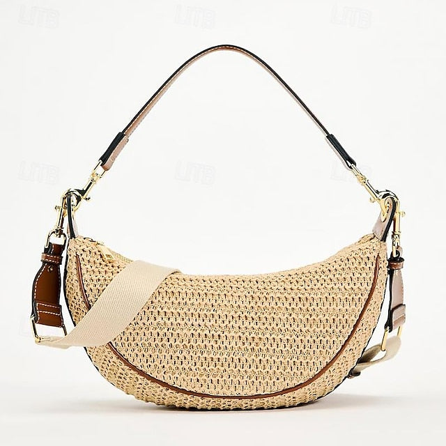 Straw Leather Boho Crossbody Bag with Adjustable