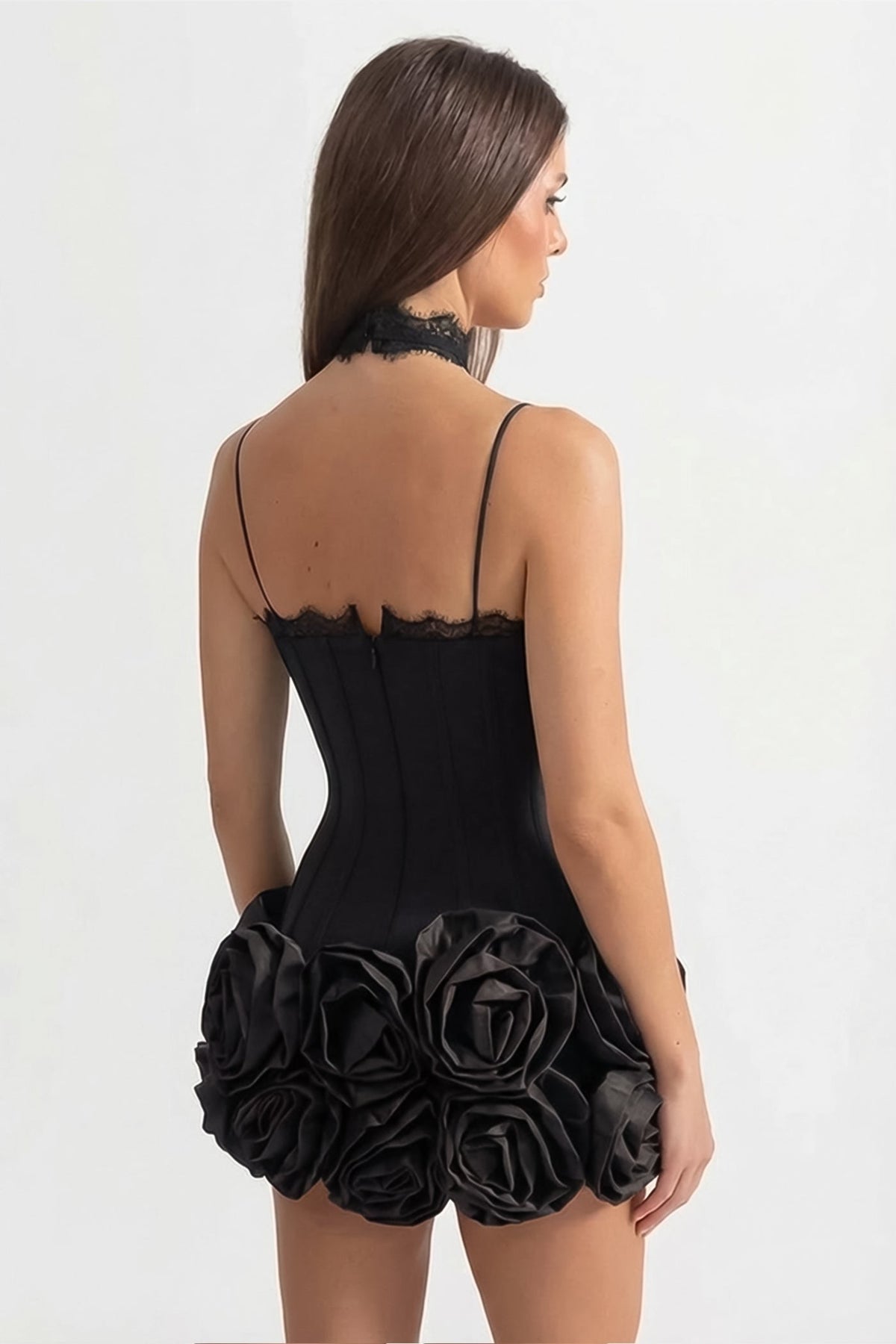 Halter Corset Mini Dress with 3D Rose Hem – Black - View 3