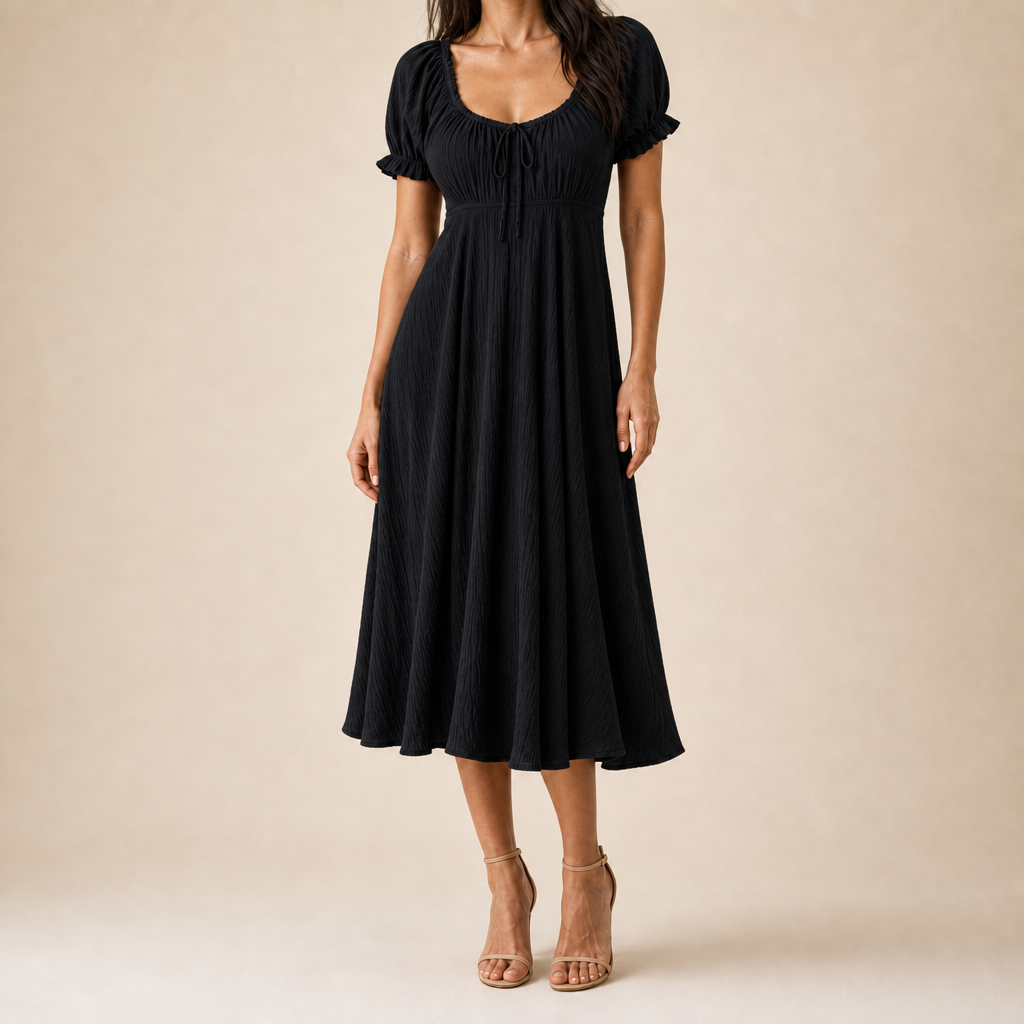 Scoop Neck Puff Sleeve Tie Front Fit and Flare Midi Dress 11