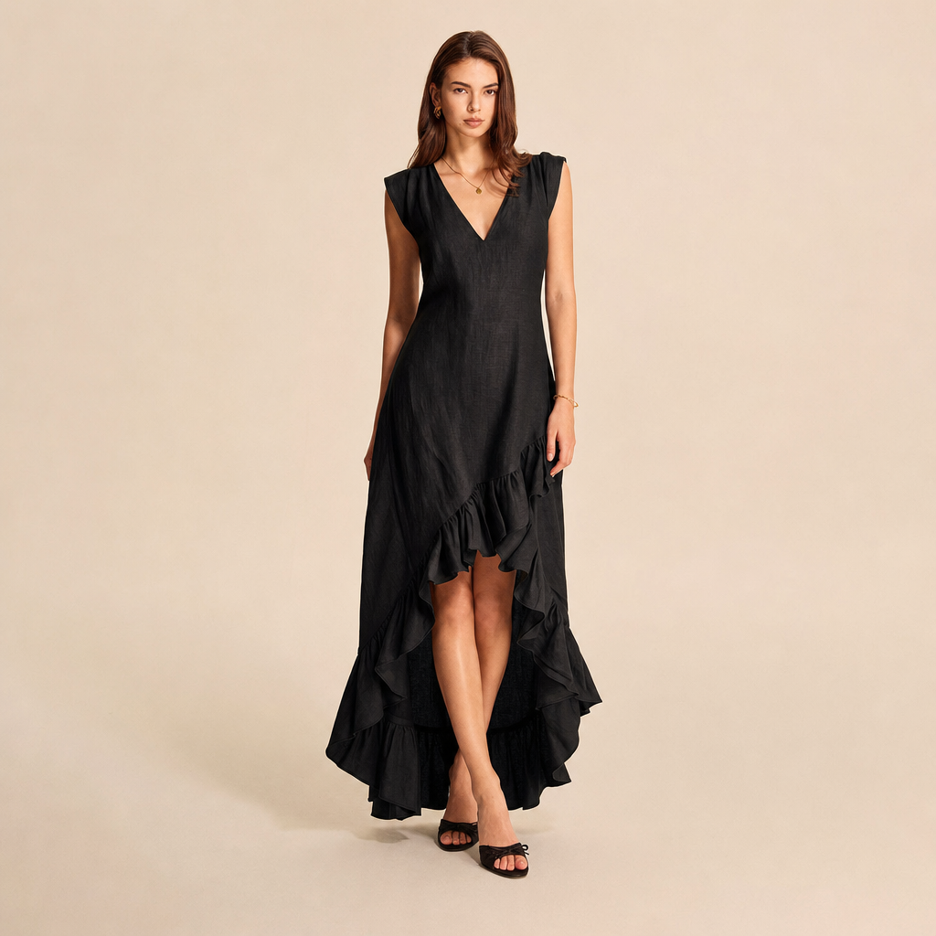 Linen Look V-Neck Ruffle High Low Midi Dress 10