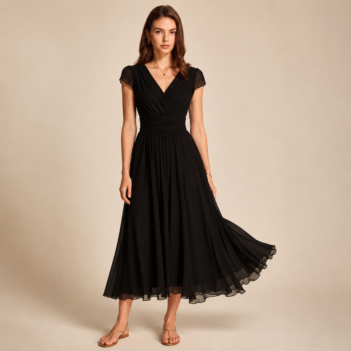 V-Neck Cap Sleeve Ruched Waist Chiffon Midi Dress