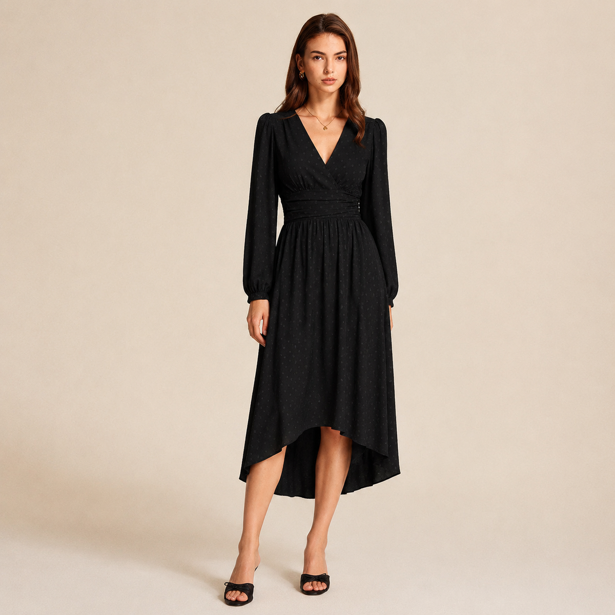 Polka Dot V-Neck Long Sleeve High Low Midi Dress 7
