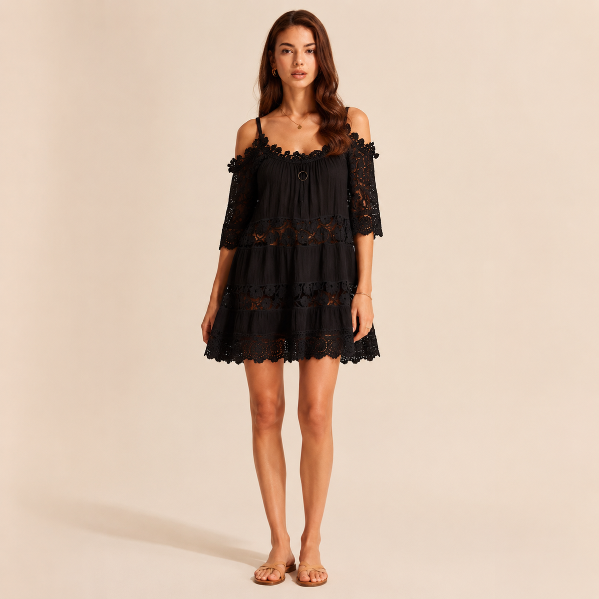 Off Shoulder Crochet Lace Tiered Mini Beach Dress