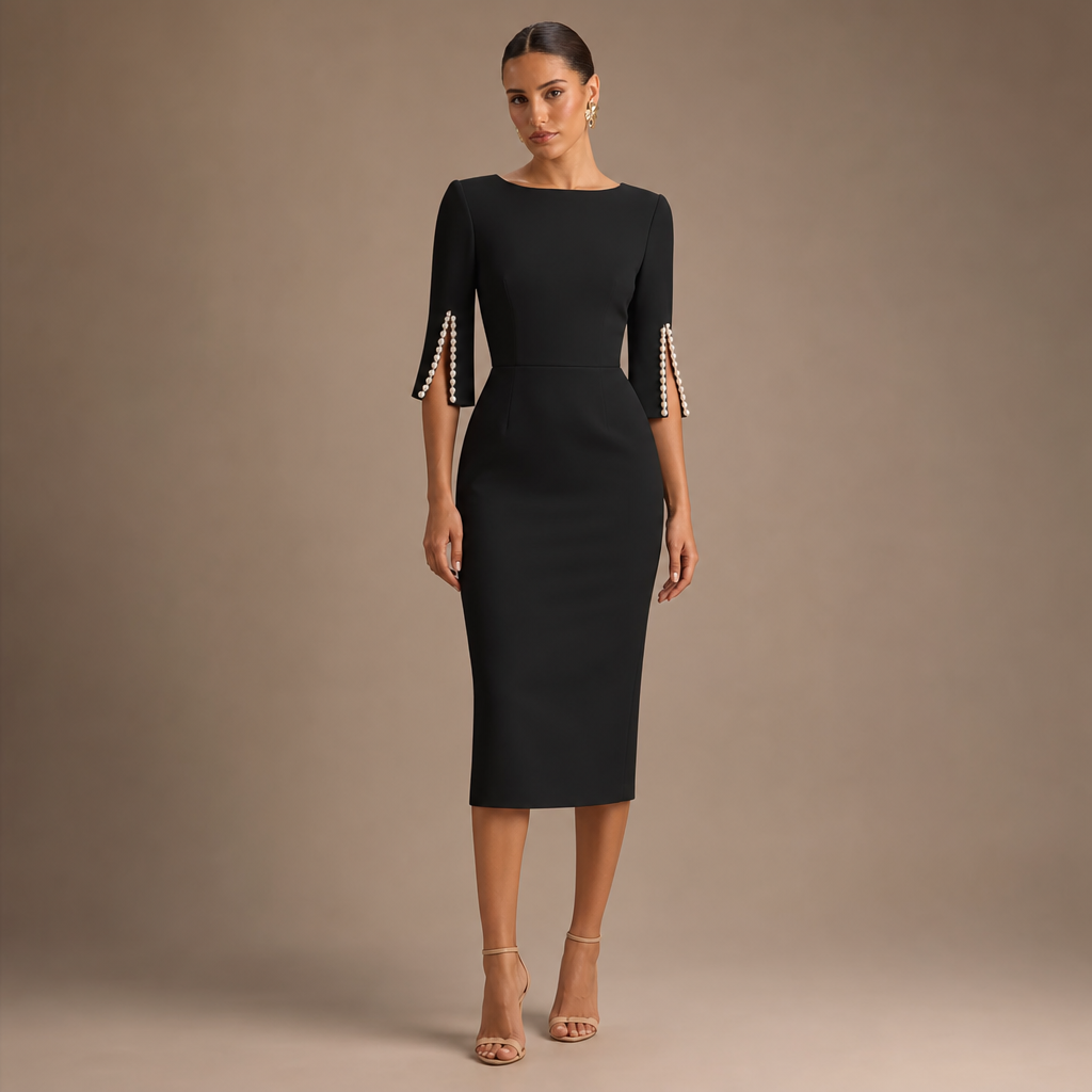 Boat Neck Pearl Split Sleeve Bodycon Midi Dress