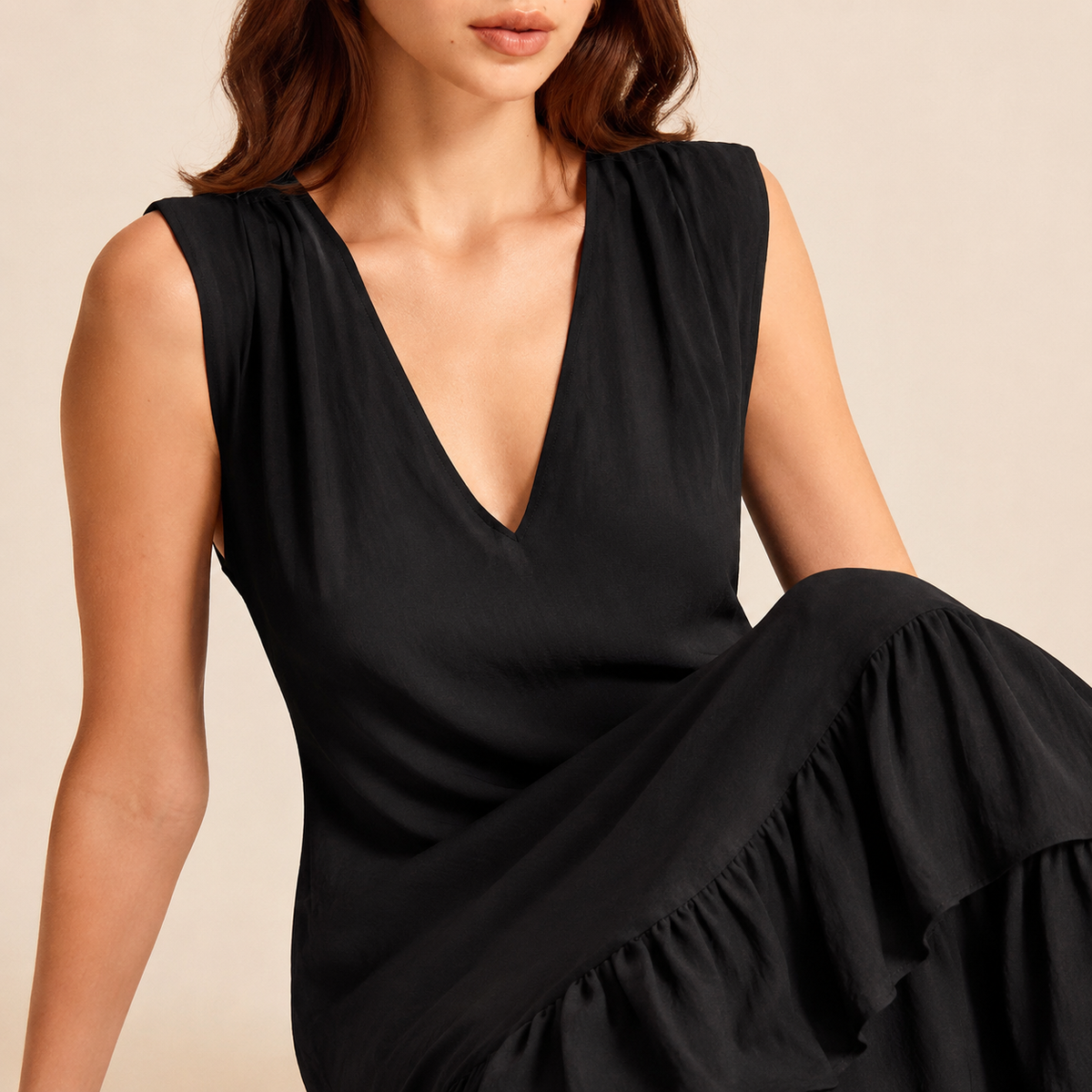 Linen Look V-Neck Ruffle High Low Midi Dress 11