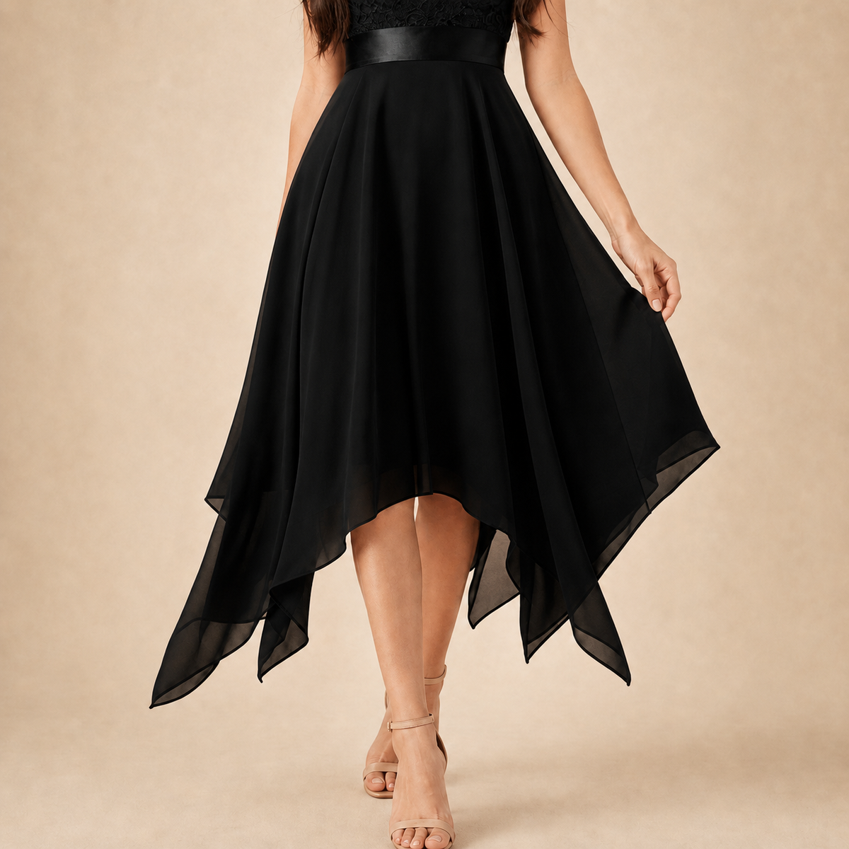 V-Neck Lace Bodice Handkerchief Hem Midi Dress 7