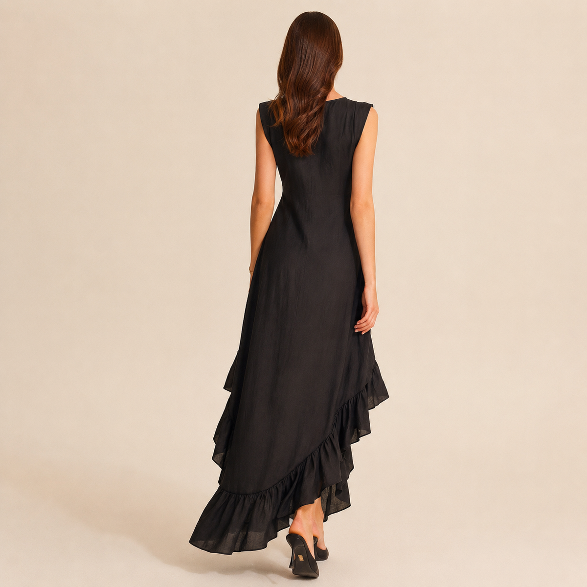 Linen Look V-Neck Ruffle High Low Midi Dress 12