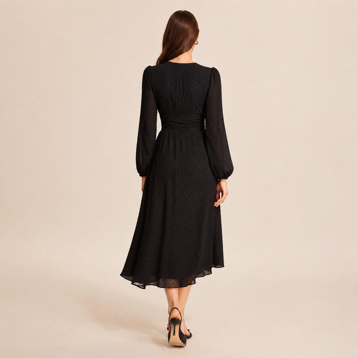 Polka Dot V-Neck Long Sleeve High Low Midi Dress 9