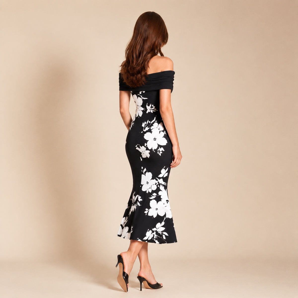 Off Shoulder Twist Front Floral High Low Fishtail Midi Dress 6