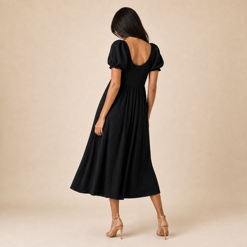 Scoop Neck Puff Sleeve Tie Front Fit and Flare Midi Dress 14