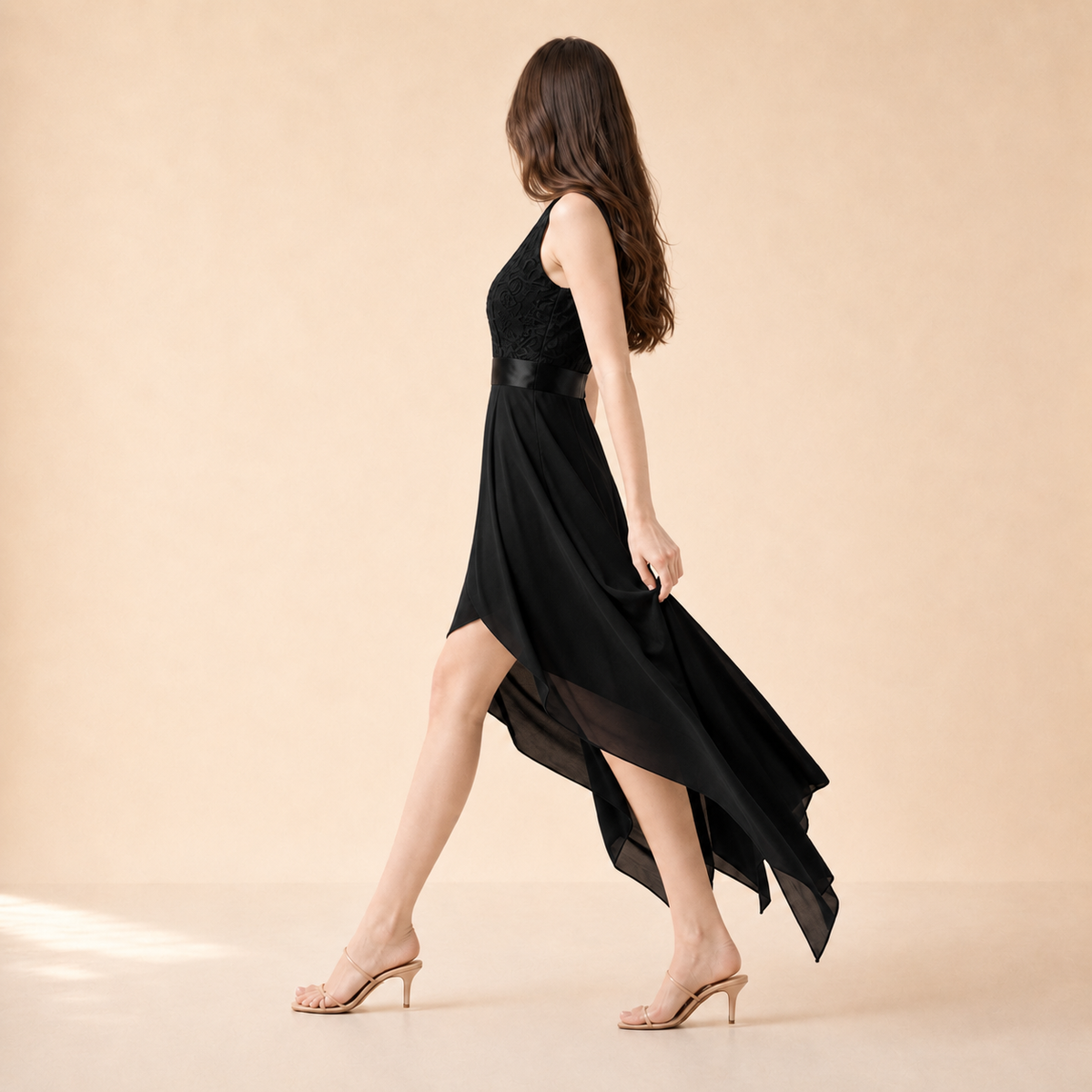 V-Neck Lace Bodice Handkerchief Hem Midi Dress 10