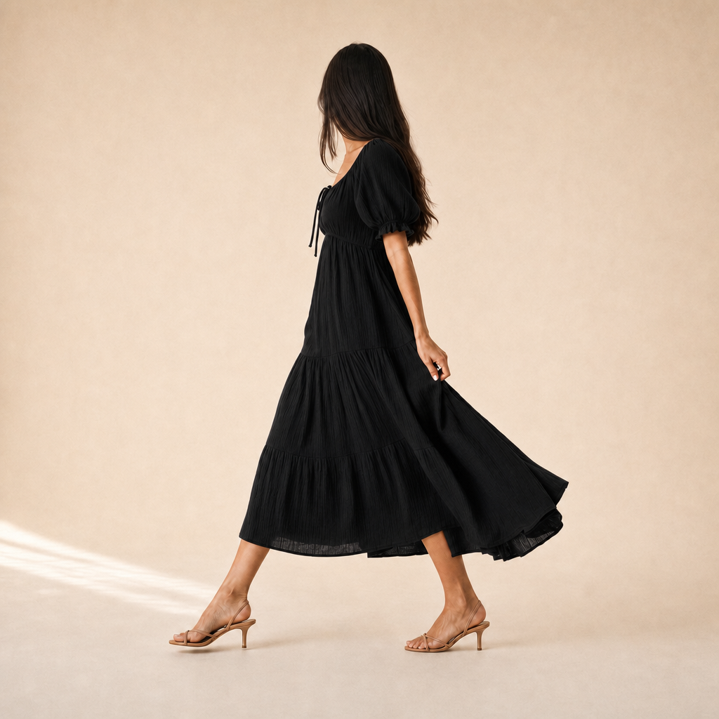 Scoop Neck Puff Sleeve Tie Front Fit and Flare Midi Dress 15