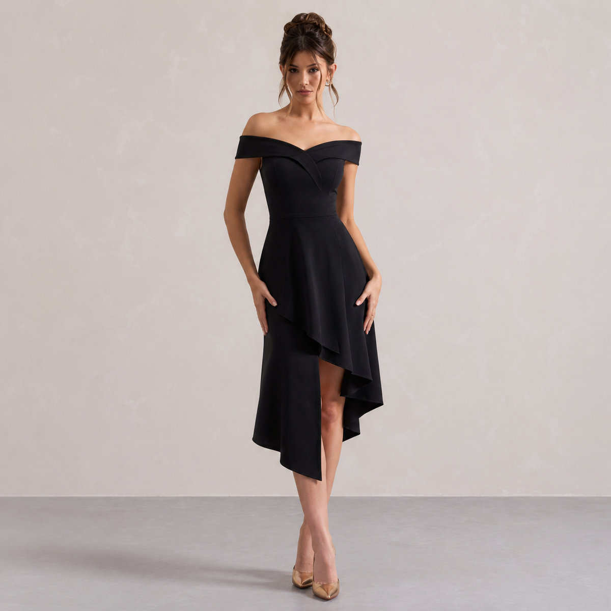 Off Shoulder High Low Asymmetric Midi Dress 7