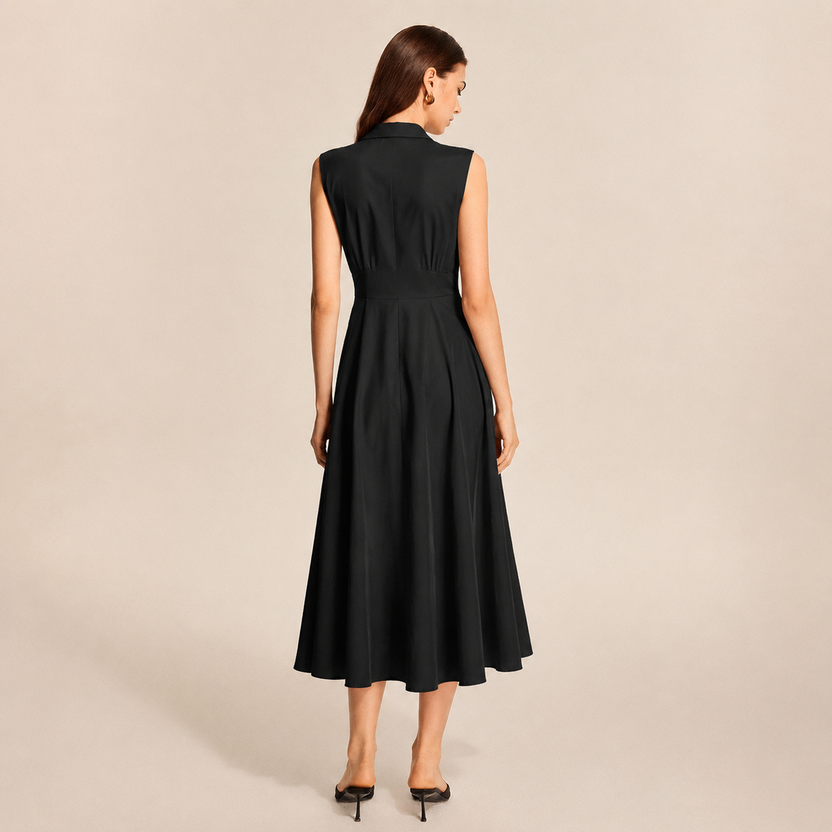 Notch Lapel Sleeveless Button Front A-Line Midi Dress 3