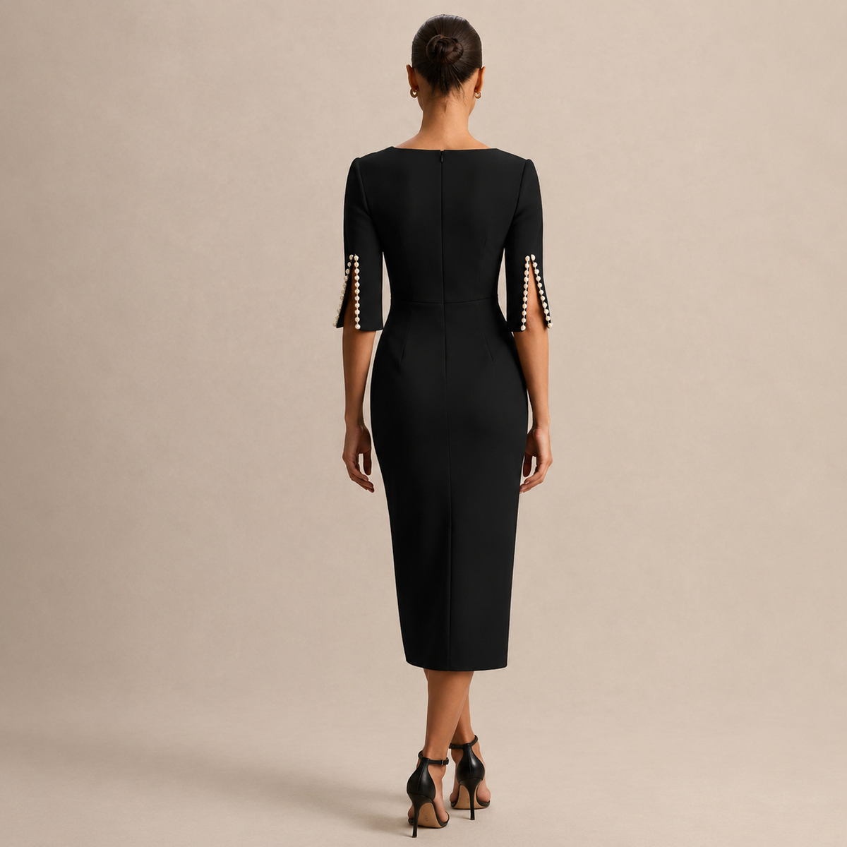 Boat Neck Pearl Split Sleeve Bodycon Midi Dress 3