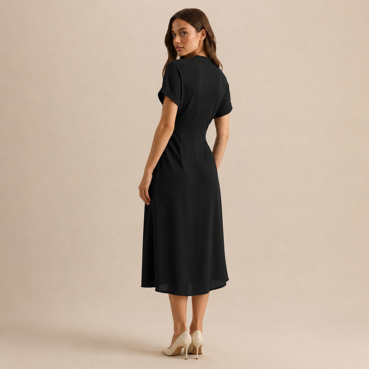 V-Neck Short Sleeve Button Front Ribbed Midi Shift Dress 3