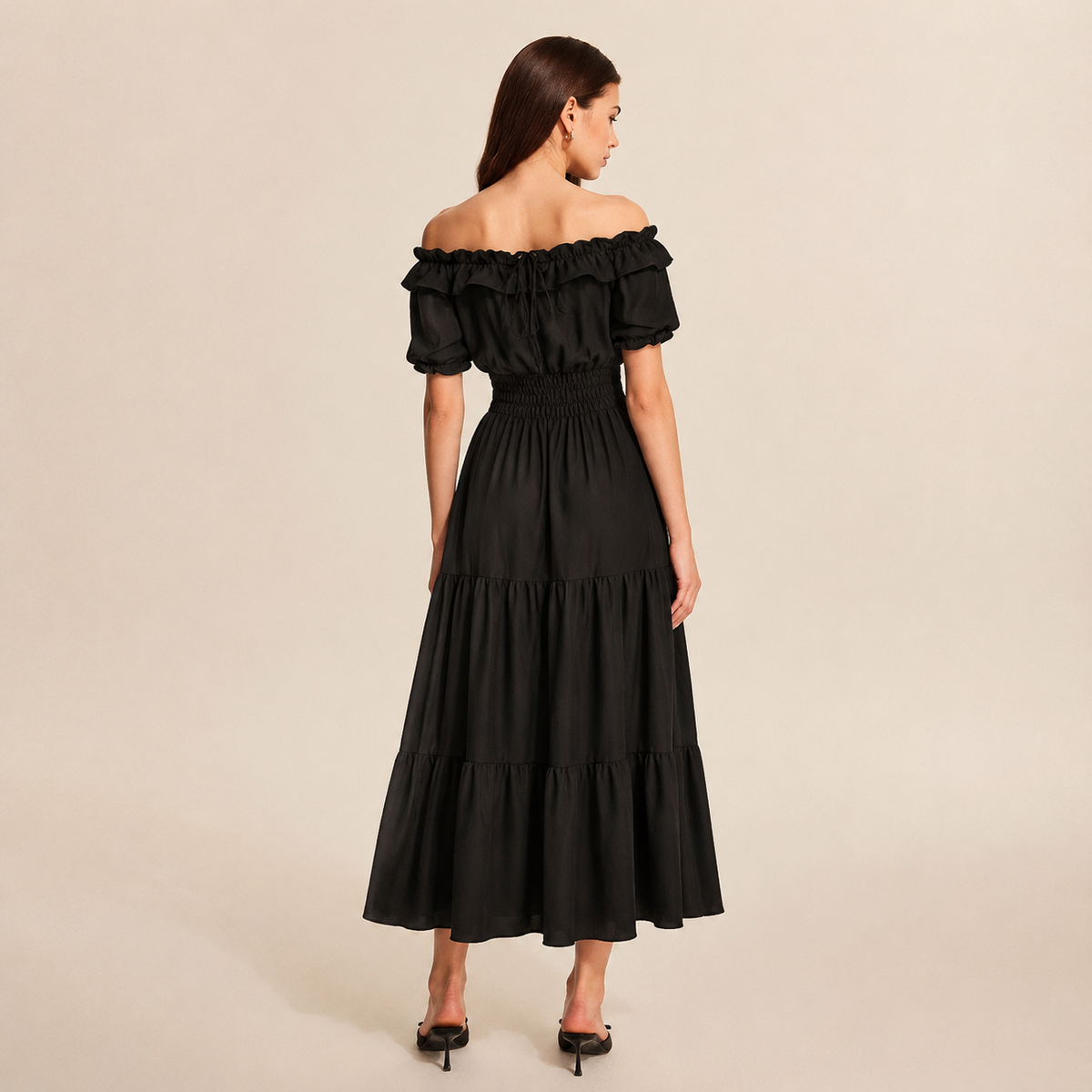 Off Shoulder Ruffle Puff Sleeve Tiered Maxi Dress 3