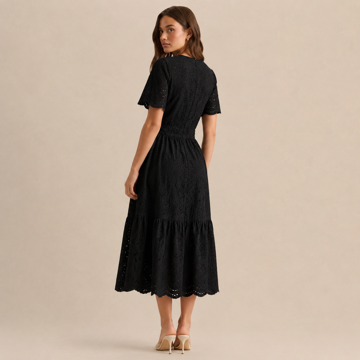 Round Neck Puff Sleeve Eyelet Tiered Midi Dress 3
