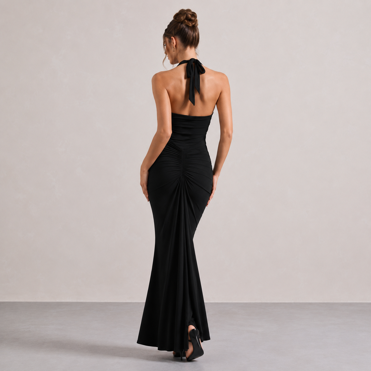 Deep V-Neck Halter Ruched Fishtail Maxi Gown 3