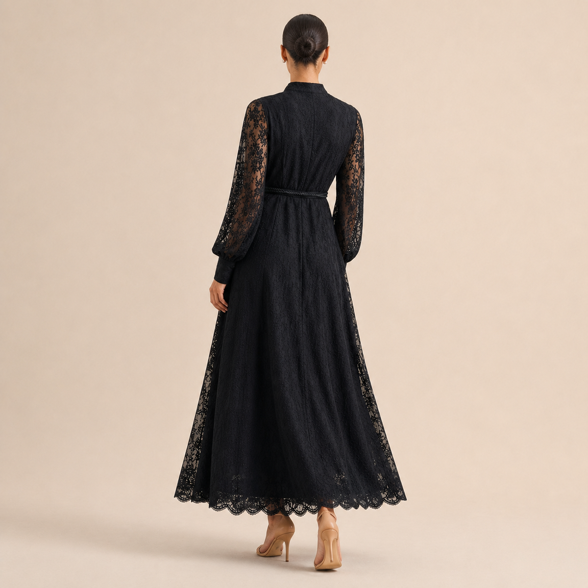 Lace Long Sleeve Button Front Belted Maxi Dress 3