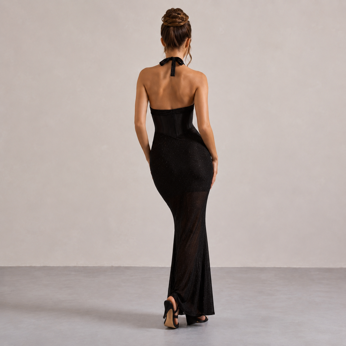 Halter Deep V-Neck Corset Glitter Fishtail Maxi Dress 6