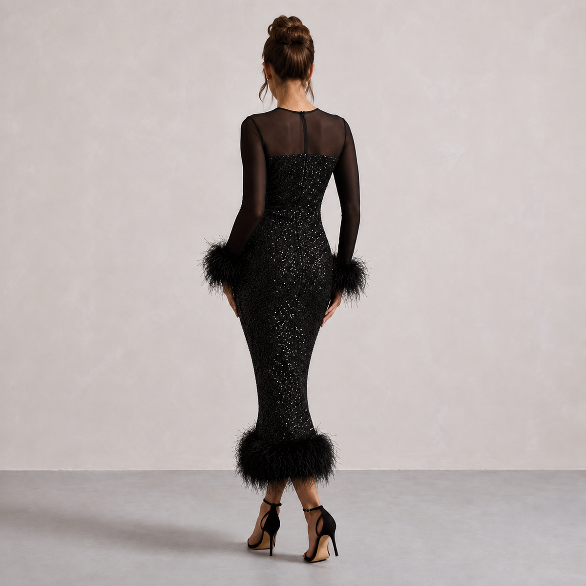 Sequin Sheer Yoke Long Sleeve Feather Trim Midi Dress 3