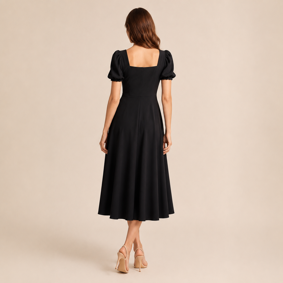 Square Neck Puff Sleeve Fit and Flare Midi Dress 3