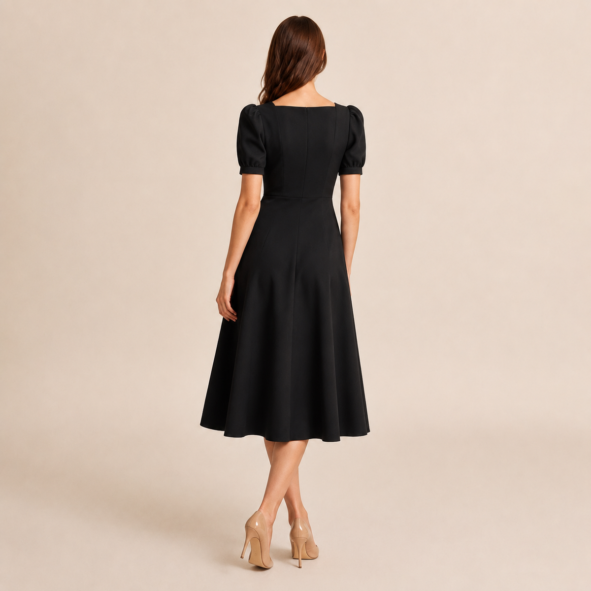 Square Neck Puff Sleeve Fit and Flare Midi Dress 3