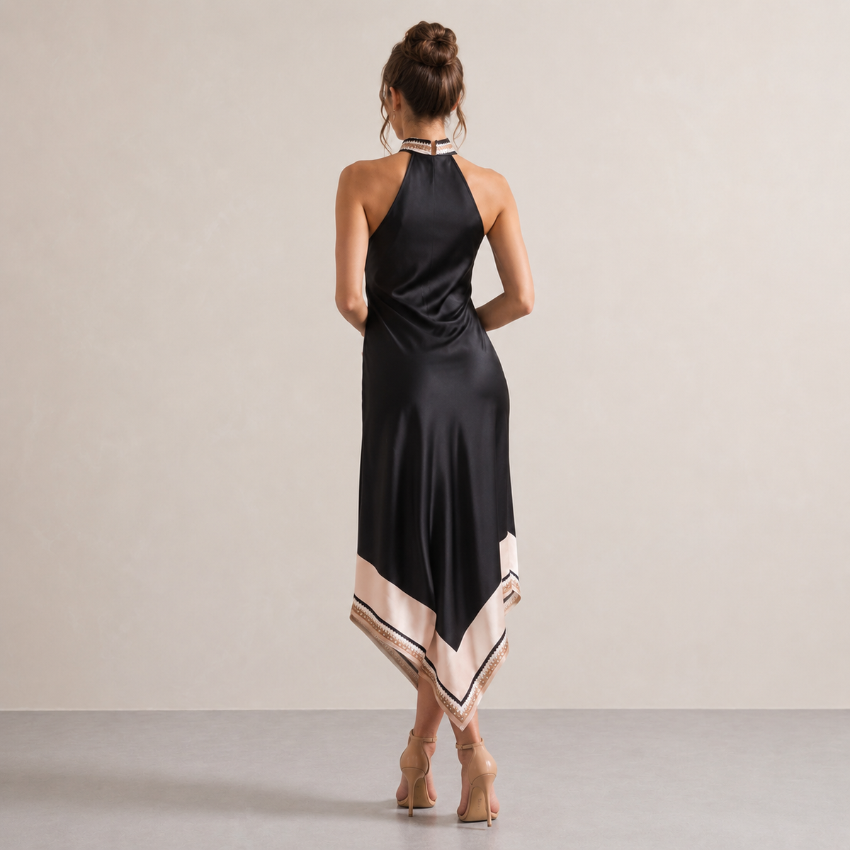 Abstract Print Halter Neck Handkerchief Hem Satin Midi Dress 3