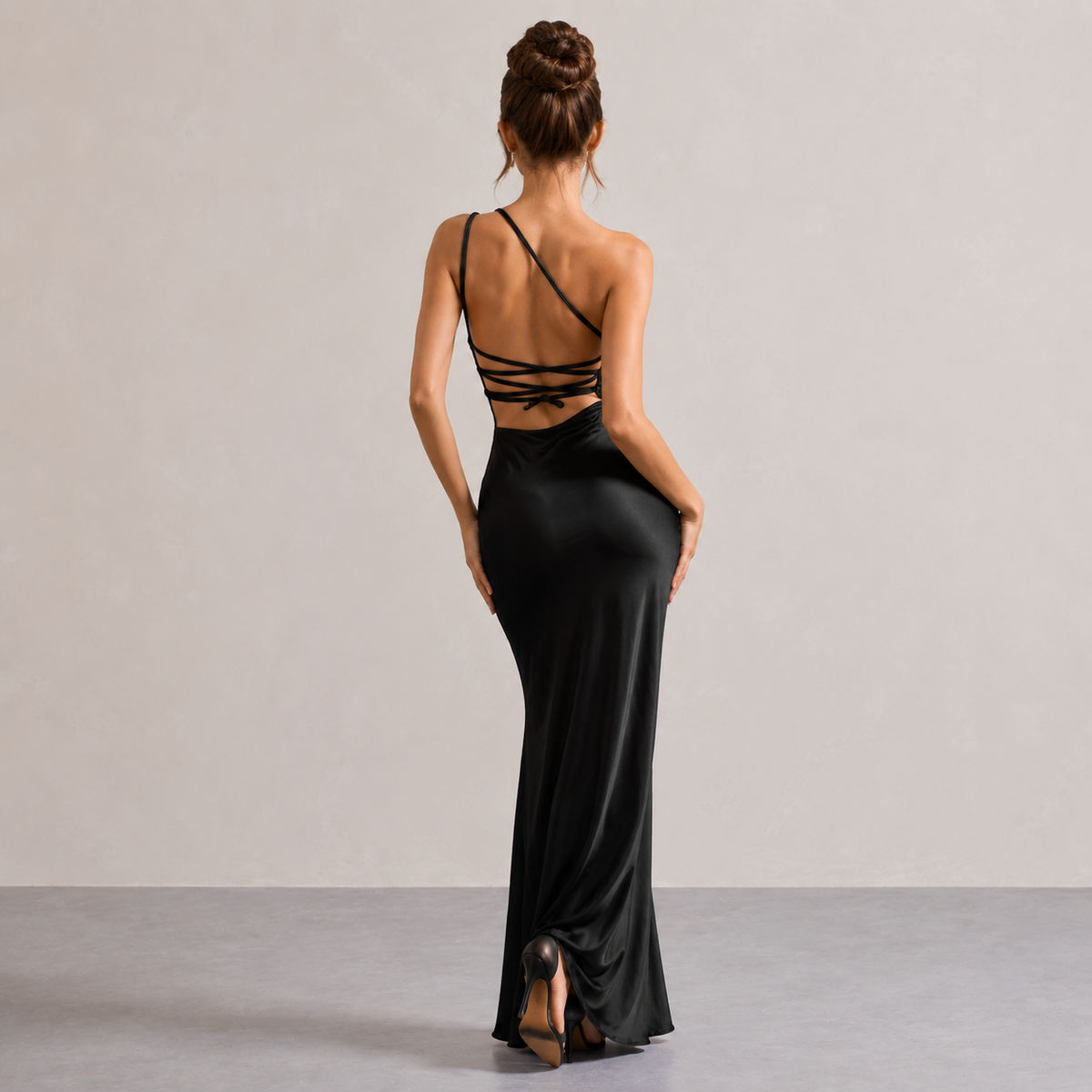 Satin One Shoulder Cowl Neck High Split Maxi Dress 3