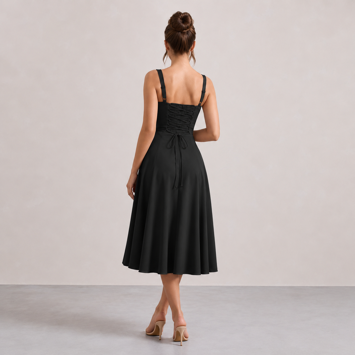Square Neck Tie Front Corset Fit and Flare Midi Dress 3