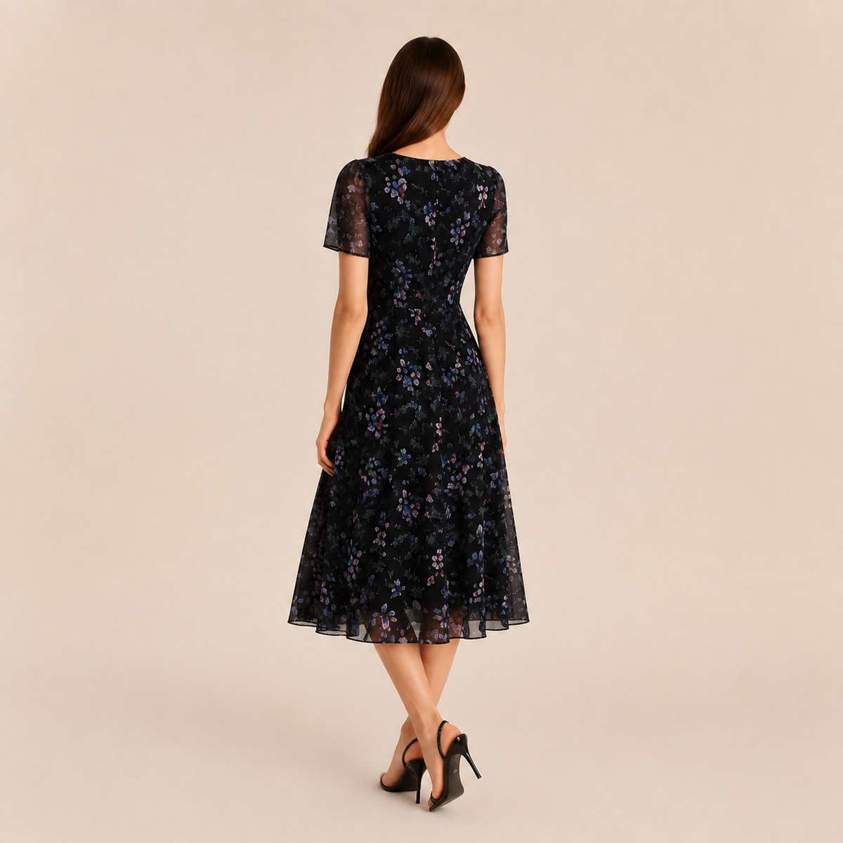 Floral V-Neck Short Sleeve Chiffon Fit and Flare Midi Dress 3