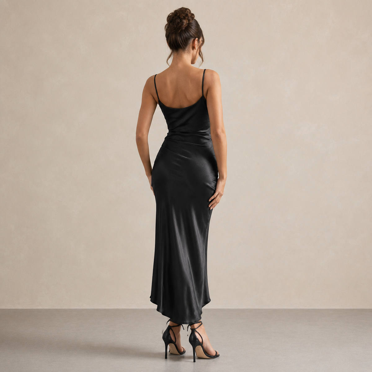 Cowl Neck Satin Ruched Split Midi Dress 3