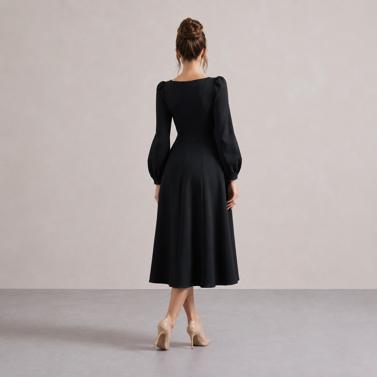 Sweetheart Neck Long Puff Sleeve Fit and Flare Midi Dress 3