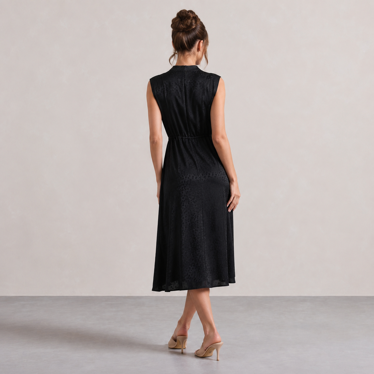 Mock Neck Sleeveless Tie Waist Jacquard Satin Midi Dress 3