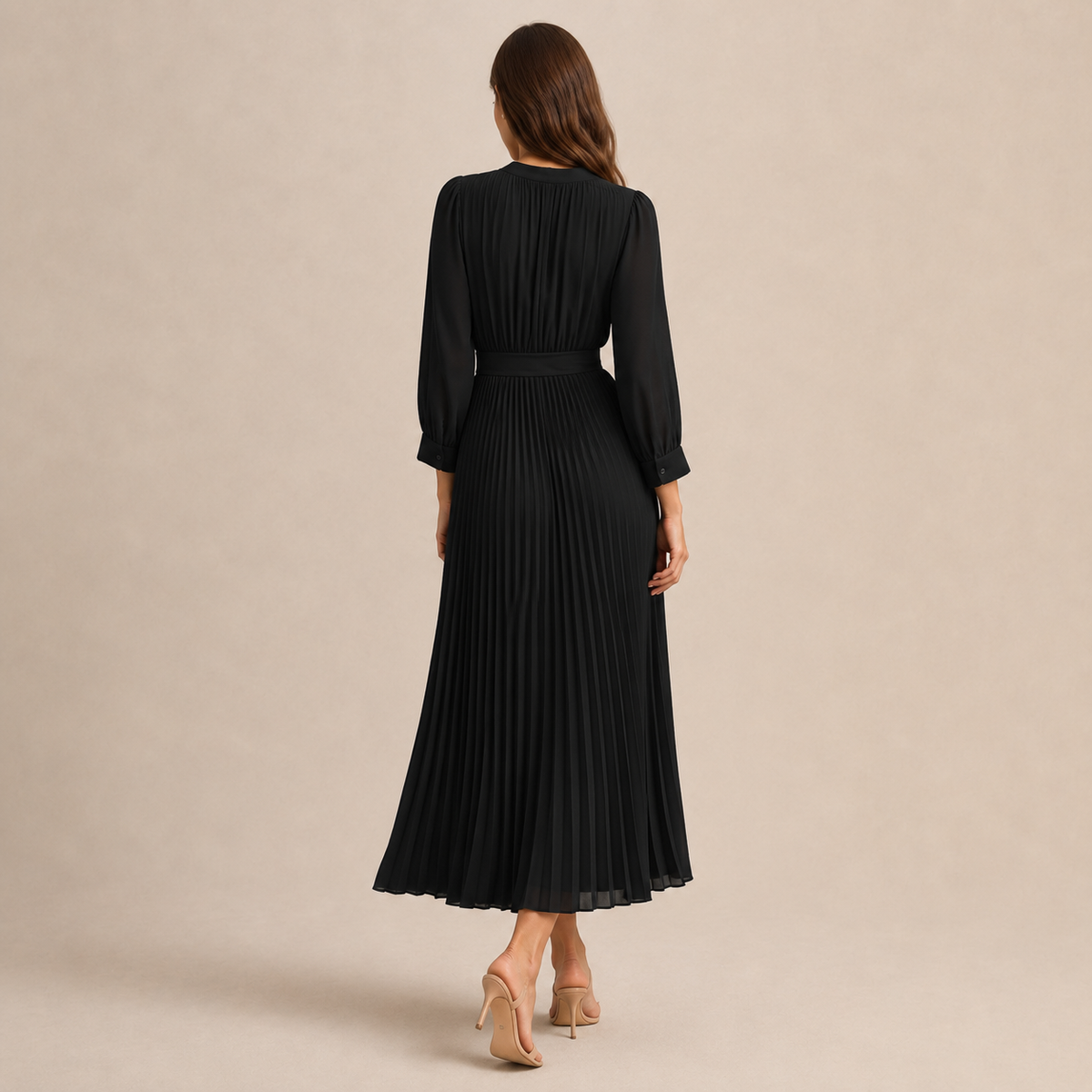 Band Collar Button Front Belted Pleated Shirt Maxi Dress 12