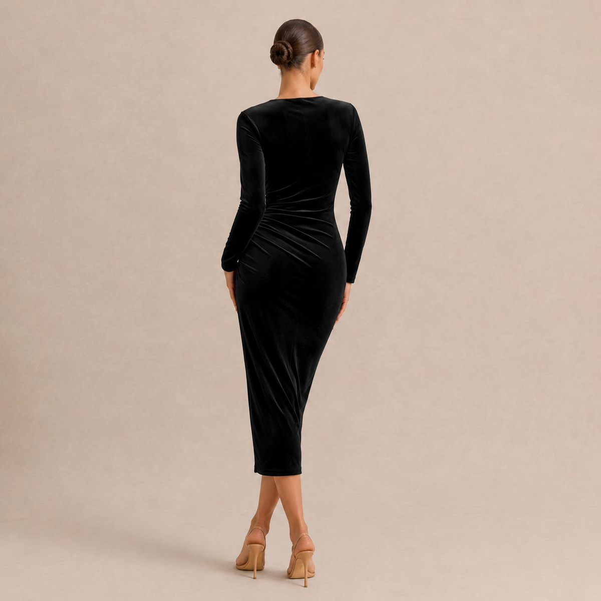 V-Neck Long Sleeve Ruched Velvet Wrap Midi Dress 3